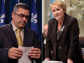 Quebec Premier Pauline Marois, right, responds to Opposition questions over the resignation of former environment minister Daniel Breton, left, Thursday, Nov. 29, 2012 at the legislature in Quebec City.  / Jacques Boissinot / The Canadian Press