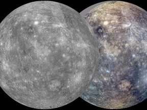 The planet Mercury is pictured in this mosaic photograph compiled with images taken from the spacecraft Messenger in this NASA handout photo from October 5 2011.  After its first Mercury solar day (176 Earth days) in orbit, Messenger has nearly completed two of its main global imaging campaigns: a monochrome map at 250 m/pixel and an eight-color, 1-km/pixel color map. Apart from small gaps, which will be filled in during the next solar day, these global maps now provide uniform lighting conditions ideal for assessing the form of Mercuryís surface features as well as the color and compositional variations across the planet. The orthographic views seen here, centered at 75∞ E longitude, are each mosaics of thousands of individual images. At right, images taken through the wide-angle camera filters at 1000, 750, and 430 nm wavelength are displayed in red, green, and blue, respectively. REUTERS/NASA/Johns Hopkins University Applied Physics Laboratory/Carnegie Institution of Washington/Handout (UNITED STATES - Tags: SCIENCE TECHNOLOGY) FOR EDITORIAL USE ONLY. NOT FOR SALE FOR MARKETING OR ADVERTISING CAMPAIGNS. THIS IMAGE HAS BEEN SUPPLIED BY A THIRD PARTY. IT IS DISTRIBUTED, EXACTLY AS RECEIVED BY REUTERS, AS A SERVICE TO CLIENTS
