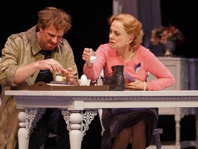 Dan Chameroy and Fiona Reid in The Arsonists. Photo by Bruce Zinger.