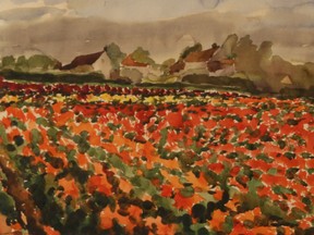 An untitled wartime watercolour painting showing a poppy field in
Belgium by John Bennett of Toronto. This work is one of 78 that Mr. Bennett recently donated to the National War Museum in Ottawa.
