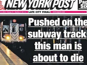 The cover of the New York Post shows an oncoming subway about to crush a man.