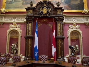 The Maple Leaf is staying put in one of the main rooms at Quebec’s national assembly. An attempt by the Parti Quebecois to remove the Canadian flag failed today, with the two main opposition parties voting to defeat the minority government. (Jacques Boissinot)