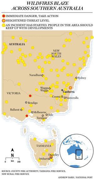 The locations of wildfires in Australia are indicated here.