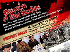 A poster for a Shia and Sunni Muslim rally in Vaughan entitled "Massacre of Shia Muslims." The organizers claim killings of Shia Muslims in Pakistan is a "Zionist plot."