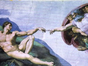 The Creation of Adam is arguably the most famous section of the Michelangelo fresco on the Sistine Chapel ceiling, painted circa 1511–1512.
