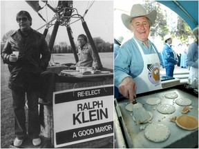 From left: Calgary mayor Ralph Klein seeks re-election on October 13, 1983 in Calgary. (Calgary Herald file photo) -- Alberta Premier Ralph Klein made flipped some pancakes on the grill during his annual Stampede breakfast at the McDougall Centre in Calgary on Monday morning, July 12, 2004. (Colleen De Neve/Postmedia)