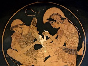 Achilles tending the wounded Patroclus in Homer’s Iliad