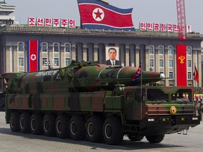 In this Sunday, April 15, 2012 file photo, a North Korean vehicle carries a missile during a mass military parade in Pyongyang's Kim Il Sung Square to celebrate the centenary of the birth of the late North Korean founder Kim Il-sung.