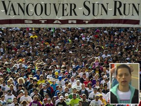 Local Input~ The start of the 29th annual Vancouver Sun Run, April 21st, lines Vancouver's Georgia street. Support for the Boston Marathon was shown by runners wearing Boston's blue and gold colours. (Ward Perrin/PNG) (For story by NEWS/The Province   NEWS/Vancouver Sun)      00020083A  [PNG Merlin Archive]