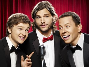 UNDATED --  Men men men men, manly men men men! (l-r) Angus T. Jones, Ashton Kutcher and Jon Cryer star in TWO AND A HALF MEN on the CBS Television Network. Photo:     HANDOUT PHOTO:       Matt Hoyle/CBS / Warner Brothers ¨©2011 CBS BROADCASTING INC. All Rights Reserved.               For Alex Strachan (Postmedia News)  TV-FALL-FINAL-OVERVIEW & TV-FALL-FINAL-NEW-SHOWS.