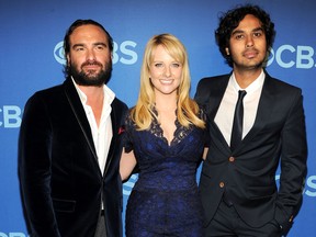 Cast members of The Big Bang Theory Johnny Galecki, Melissa Rauch and Kunal Nayyar attend CBS 2013 upfronts.