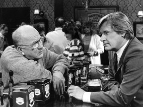 Roy Barraclough (L) as Alec and William Roache (R) as Ken in Coronation Street. 1990 handout photo.