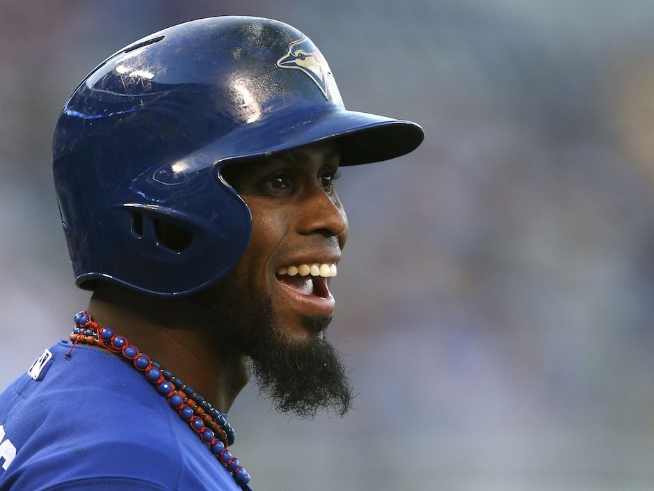 Toronto Blue Jays' Jose Reyes stands at second base after hitting