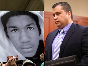 George Zimmerman, right, appears during a hearing in Seminole circuit court on February 5, 2013 in Sanford, Florida. A judge denied the request to delay Zimmerman's trial for the death of Trayvon Martin, left. It is scheduled for June 10