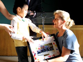 Today, Her Royal Highness, the Countess of Wessex, joined the Honourable David C. Onley, Lieutenant Governor of Ontario, and Steve Hudson, co-chair of the Spectrum of Hope Autism Foundation for an important announcement regarding the future of autism education, treatment, housing and research in Ontario.

Presenting gift to Her Royal Higness is Loc Nguyen