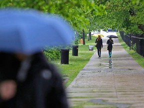 Pedestrians shield themselves from the rain in downtown Halifax, N.S. on Saturday, June 8, 2013.