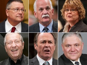 Clockwise from top left: Liberal MP and former cabinet minister Ralph Goodale; Public Safety Minister Vic Toews; Minister of State of Foreign Affairs Diane Ablonczy; Bloc Quebecois MP Louis Plamondon; New Democrat MP Pat Martin; Liberal MP Jim Karygiannis will all receive 'lucrative' pensions when they retire.