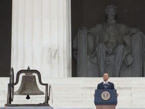 U.S. President Barack Obama speaks during the Let Freedom Ring Commemoration and Call to Action to commemorate the 50th anniversary of the March on Washington for Jobs and Freedom at the Lincoln Memorial in Washington, D.C.