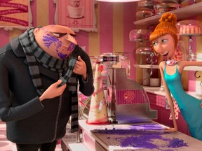 Characters Gru (L) and Lucy (R) from the movie Despicable Me 2.