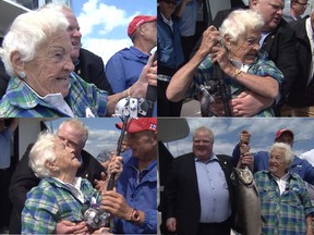 (Top images): Rob Ford helps Hazel McCallion reel the fish in; Ford gives (bottom left) McCallion a celebratory peck on the cheek; the duo pose with the fish