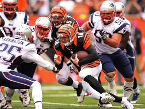 Cincinnati quarterback Andy Dalton, centre, has led the Benglas to a 6-2 record out of the gate with 2,249 yards, 16 touchdowns and a 65.6 completion percentage.