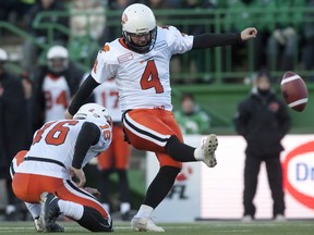 B.C. Lions kicker Paul McCallum attempts a field goal against the Saskatchewan Roughriders during the first half of the West Division semi-final in Regina, Sask., on Sunday.