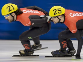 François Hamelin, right, made his Olympic debut in Vancouver and won gold as part of the men’s 5,000-metre relay team. Charles was on that team, too, and he also won the 500-metre race, making him the only Canadian to win two gold medals in Vancouver.