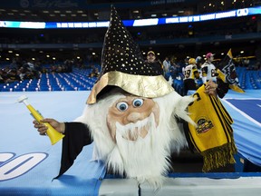 A Hamilton Tiger-Cats fan cheers for the team as they prepare to play the Toronto Argonauts in the CFL eastern conference final in Toronto on Sunday, Nov. 17, 2013. THE CANADIAN PRESS/Nathan Denette