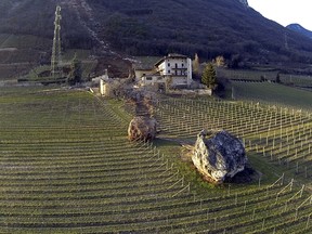 In this photo provided by Tareom.com Thursday, Jan. 30, 2014, and taken on Jan. 23, 2014, a huge boulder is seen after it missed a farm house by less than a meter, destroying the barn, and stopped in the vineyard, while a second giant boulder, which detached during the same landslide on Jan. 21, 2014, stopped next to the house, in Ronchi di Termeno, in Northern Italy. According to reports, the Trebo family living there was unharmed in the landslide. The boulder in foreground is from a much older landslide. (AP Photo/Markus Hell, Tareom.com, ho)