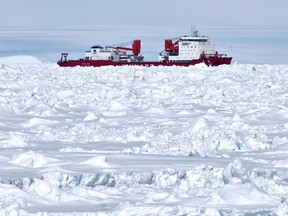 The Chinese icebreaker Xue Long photographed from the bridge of the Aurora Australis ship off of Antarctica on Jan. 2, 2014.
