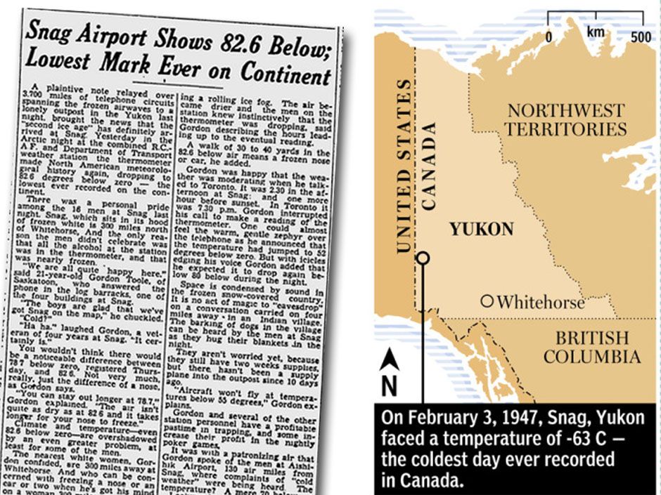 Canada's coldest day ever: Snag, Yukon, hit -63 °C in 1947