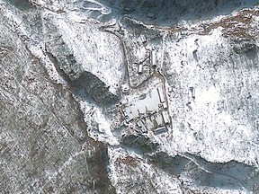 This GeoEye Satellite Image captured January 23, 2013 shows the Punggye-ri nuclear test facility in North Korea. North Korea’s public pronouncements in reaction to a United Nations Security Council Resolution tightening sanctions against Pyongyang have heightened speculation that a nuclear detonation at the Punggye-ri Nuclear Test Facility is imminent. Analysis of the new satellite images from January 23, 2013 and previous images dating back a month reveal that the site appears to be at a continued state of readiness that would allow the North to move forward with a test in a few weeks or less once the leadership in Pyongyang gives the order. Snowfall and subsequent clearing operations as well as tracks in the snow reveal ongoing activity at buildings and on roadways near the possible test tunnel.   AFP PHOTO/HANOUT/GEOEYE SATELLITE IMAGE                         NO ARCHIVES  = RESTRICTED TO EDITORIAL USE - MANDATORY CREDIT " AFP PHOTO / GeoEye Satellite Image " - NO MARKETING NO ADVERTISING CAMPAIGNS - DISTRIBUTED AS A SERVICE TO CLIENTS =HO/AFP/Getty Images