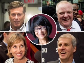 Clockwise from top left: Toronto Mayoral candidates John Tory, Rob Ford, David Soknacki and Karen Stintz and NDP MP OLivia Chow, centre. Instead of taking on the left, the Tory/Stintz/Ford/Soknacki forces will bash one another into losing, minority positions, Terence Corcoran writes.