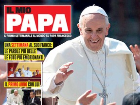 This image provided by Mondadori press office Tuesday, March 4, 2014 shows the cover  of the new magazine 'Il Mio Papa', My Pope, titled "have the courage to be happy".  Pope Francis has scored plenty of magazine covers but now he's got a magazine all to himself. The publishing house said Tuesday it is launching a new magazine entirely devoted to the weekly doings, sayings, gestures and activities of the 265th Successor of Peter. "My Pope," at 50 cents ($0.70) a pop, hits newsstands Wednesday, and each week will include a free pull-out poster with one of Francis' more memorable quotes from the previous seven days.(AP Photo/Mondadori press office, ho)