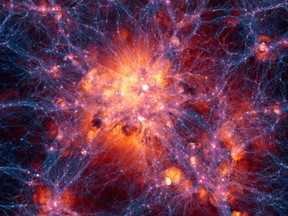 This image provided by the Illustris Collaboration in May 2014 shows dark matter density overlaid with the gas velocity field in a simulation of the evolution of the universe since the Big Bang. The new computer simulation that reproduces features ó such as galaxy distribution and composition ó more accurately than previous ones is described in the Thursday, May 8, 2014 issue of the journal Nature. Previous attempts have broadly reproduced the web of galaxies, but failed to create mixed populations of galaxies or predict gas and metal content. The new model correctly predicts characteristics described in observational studies, and represents a considerable step forward in modeling galaxy formation. (AP Photo/Illustris Collaboration)