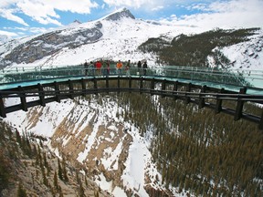 Visitors take in the opening day of the Glacier Skywalk near Alberta's Columbia Icefields in Jasper National Park Thursday May 1, 2014.