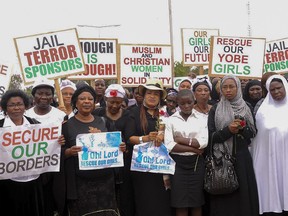 epa04196977 Nigerian women from plateau protest over the government's failure to rescue the abducted Chibok school girls in Jos, central Nigeria, 08 May 2014. Some 276 girls were abducted from their school in Nigeria last month by the terror group Boko Haram. None of the girls have been found to date.  EPA/STR ORG XMIT: JOS01