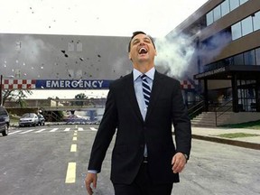 This image of Tim Hudak, cut into a scene from The Dark Knight, was used in a Liberal flyer.