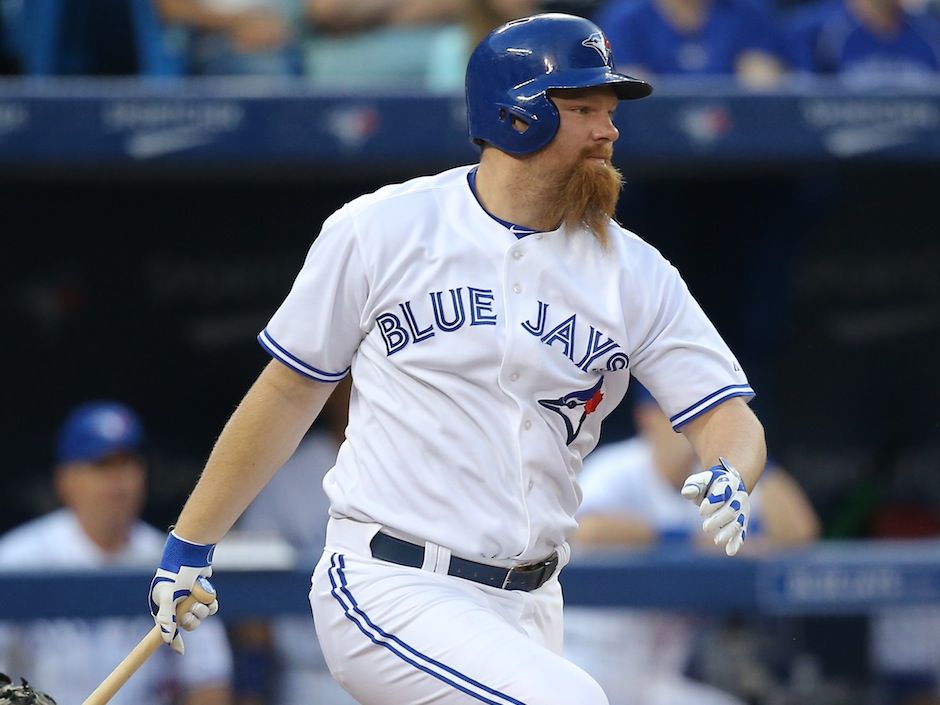 Toronto Blue Jays' Edwin Encarnacion hits a broken bat pop-out