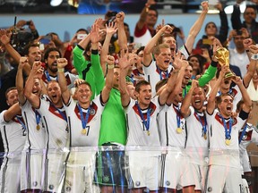 Germany hoists the World Cup after defeating Argentina 1-0 on July 13, 2014.
