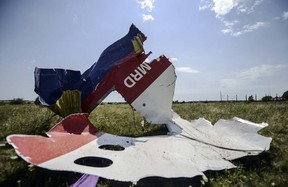 A picture shows a piece of debris of the fuselage at the crash site of the Malaysia Airlines Flight MH17  near the village of Hrabove (Grabovo), some 80km east of Donetsk, on July 25, 2014.