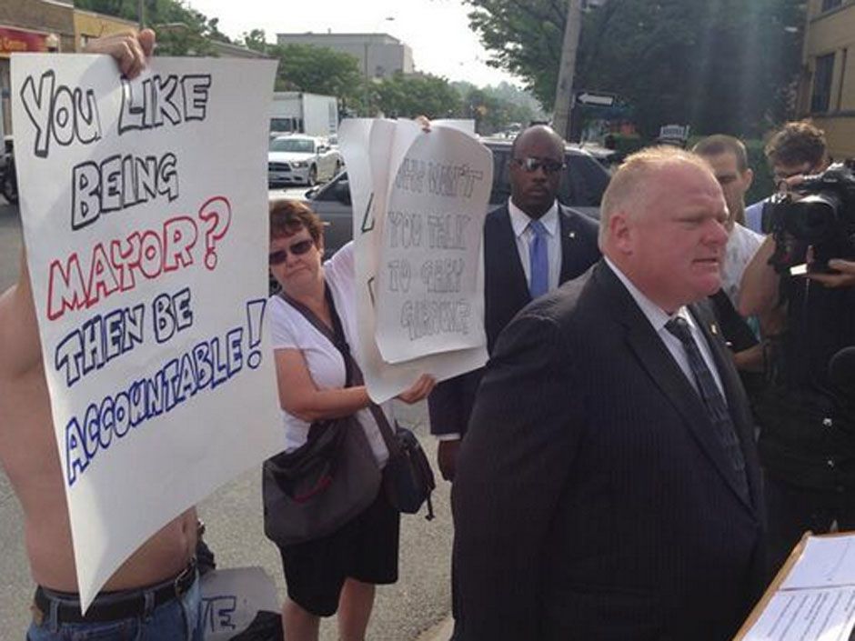 Rob Ford Press Conference Goes Awry As Shirtless Protester Screams Resign In Mayors Ear The 