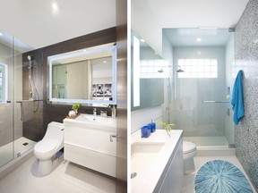 The bathroom on the left has a large shower where the bathtub originally sat; its glass wall disappears so the room doesn't look closed in. The bathroom at right, also designed with simple, clean lines, has a tiled feature wall that leads the eye up.