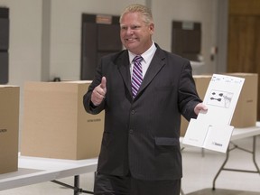 Doug Ford gives a thumbs up to reporters on election night.