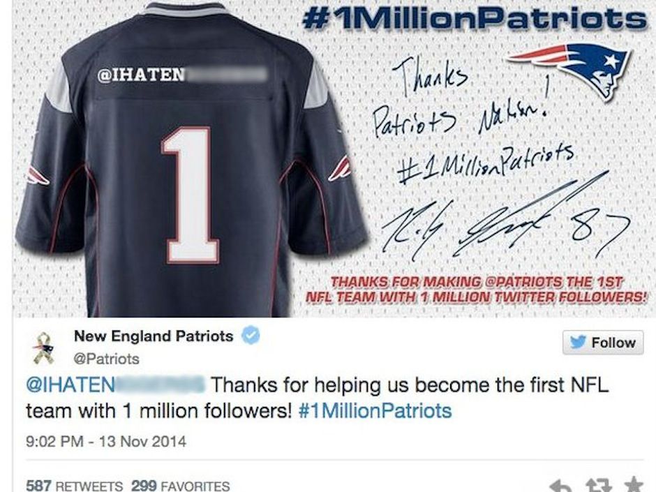 New England Patriots apologise after posting tweet with racial slur on the  back of a shirt to celebrate 1 million Twitter followers, The Independent