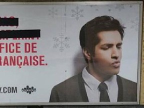 An advertisement by Sugar Sammy on the Montreal Métro, with English wording blacked out.