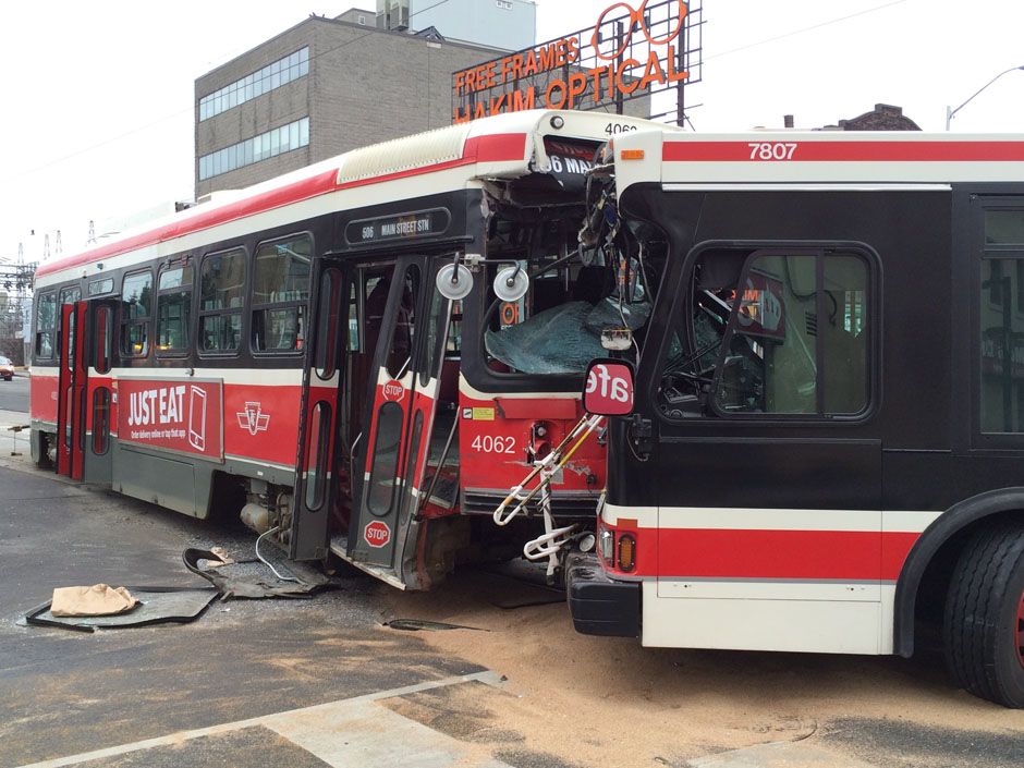Four hurt after headon crash between TTC bus and streetcar in eastend