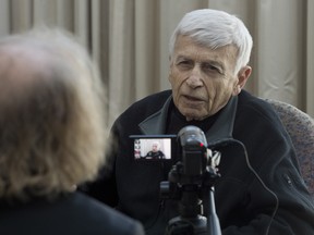 TORONTO, ON: Thursday, February 5, 2015 - Max Eisen, a survivor of Auschwitz, speaks to retired German judge Thomas Walther about his experiences at the Novotel Hotel North York in Toronto, ON on Thursday, February 5, 2015. Walther is a co-plaintiff for Auschwitz survivors in a trial against former SS sergeant Oscar Groening.  (Laura Pedersen/National Post)  (For story by Joe O'Connor) //NATIONAL POST STAFF PHOTO  // ADD FOR SPELLING: Oskar Groening  OR Oskar Groning /pws   fo020516-judge