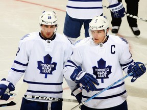 Leafs' Joffrey Lupul  and Dion Phaneuf together during a game in 2012.