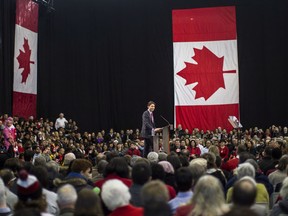 Liberal Leader Justin Trudeau delivers a speech during an event to celebrate the 50th Anniversary of the Canadian Flag, in Mississauga, Ont., on Sunday February 15 2015.THE CANADIAN PRESS/Chris Young